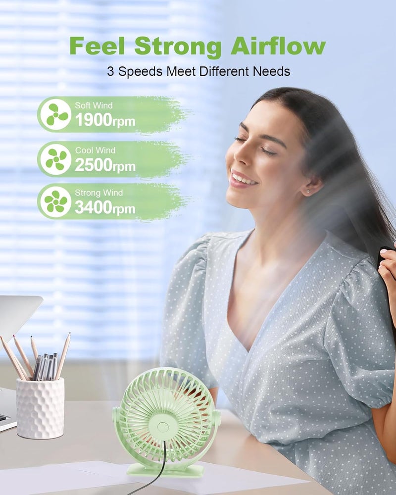 TriPole USB Desk Fan Mini Portable Fan, 3 Speeds Strong Breeze Small Electric Fans, 360° Rotation Quiet Plug In Personal USB Fans for Desktop Bedroom Office Table Travel Cruise, Green, 4.5in - Image 3